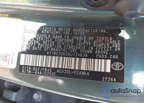 2006 Toyota Camry Le from USA, damaged, VIN 4T1BE32K56U134638